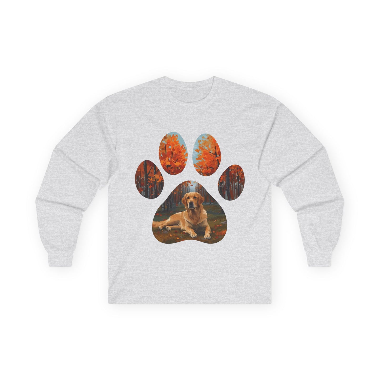 Long Sleeve Tee — Golden Retriever Paw Print Autumn Photo Design