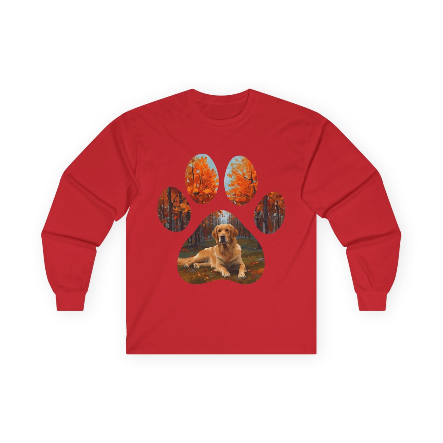 Long Sleeve Tee — Golden Retriever Paw Print Autumn Photo Design