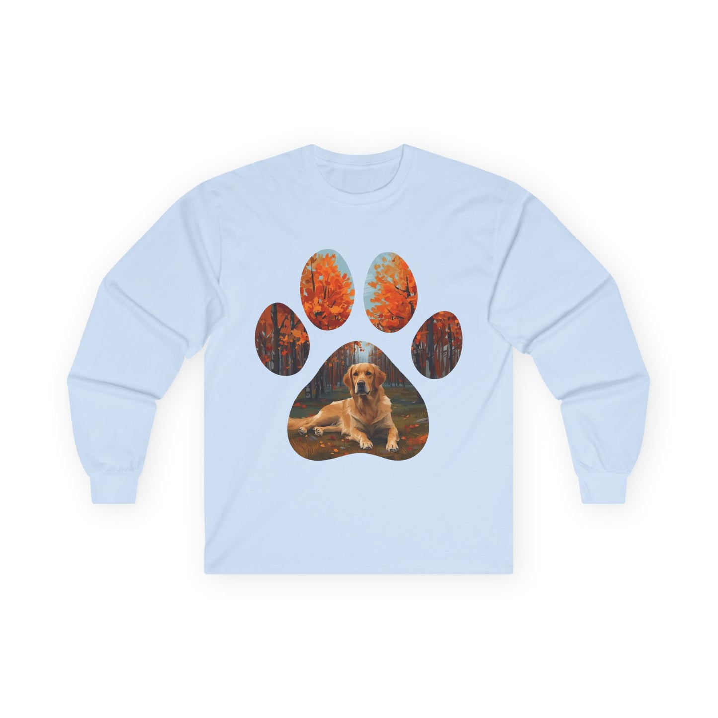 Long Sleeve Tee — Golden Retriever Paw Print Autumn Photo Design