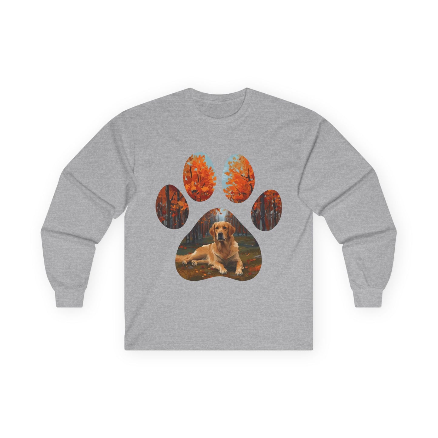 Long Sleeve Tee — Golden Retriever Paw Print Autumn Photo Design