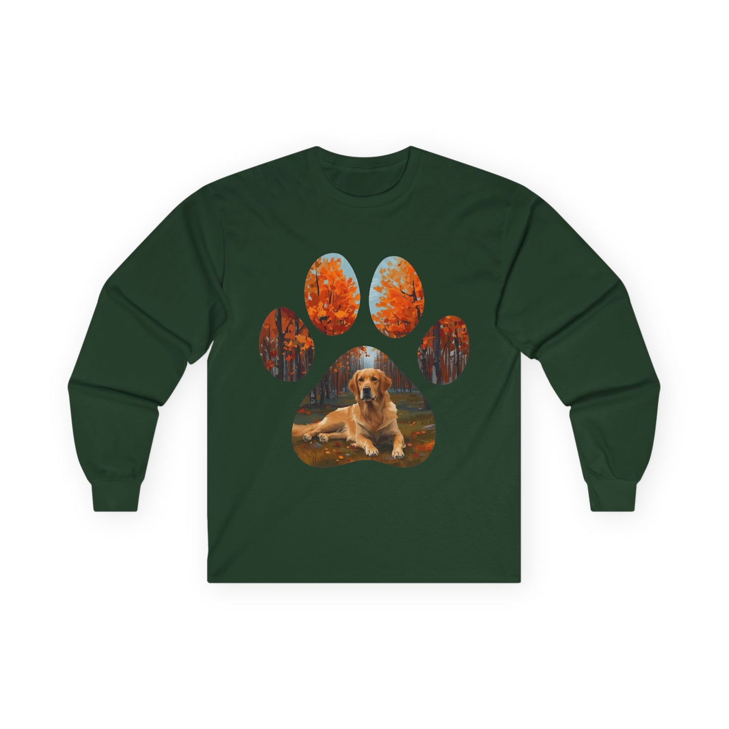 Long Sleeve Tee — Golden Retriever Paw Print Autumn Photo Design