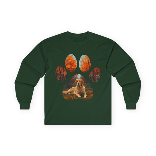 Long Sleeve Tee — Golden Retriever Paw Print Autumn Photo Design
