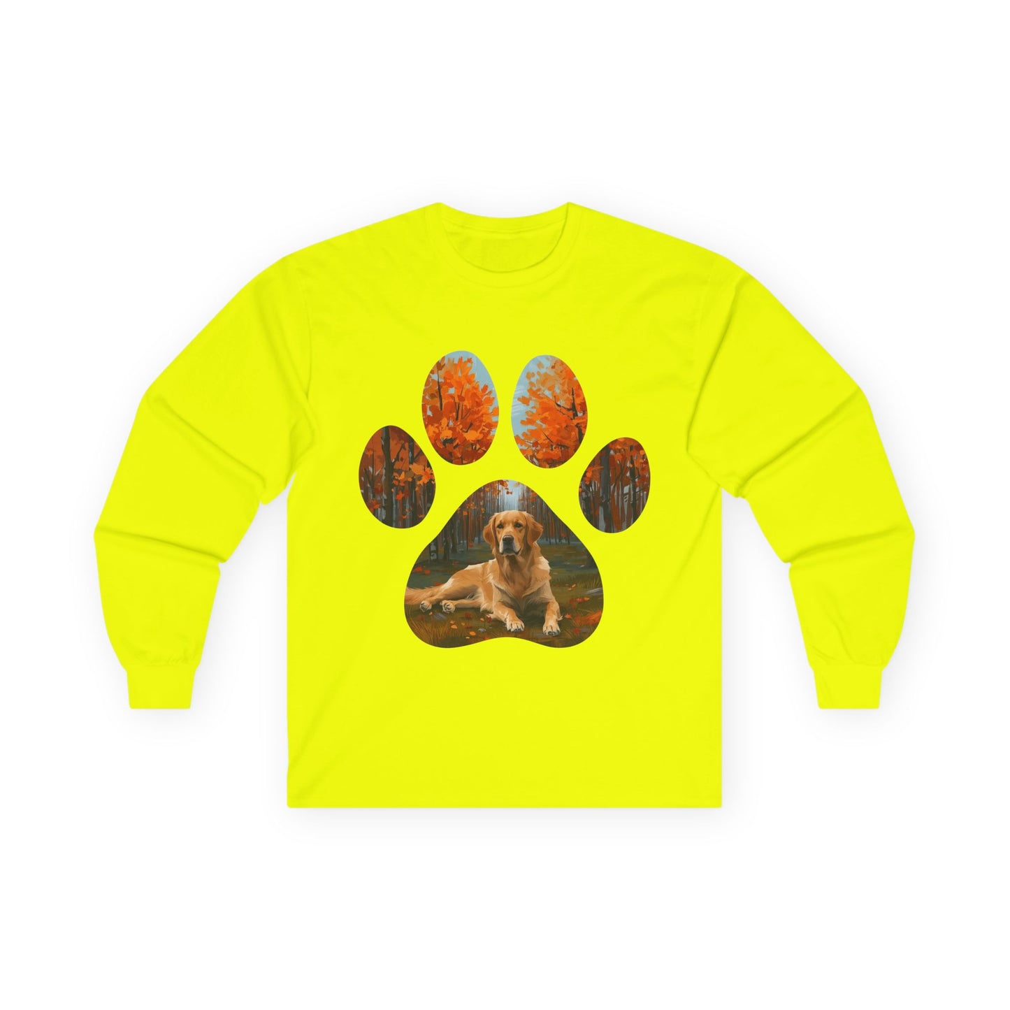 Long Sleeve Tee — Golden Retriever Paw Print Autumn Photo Design