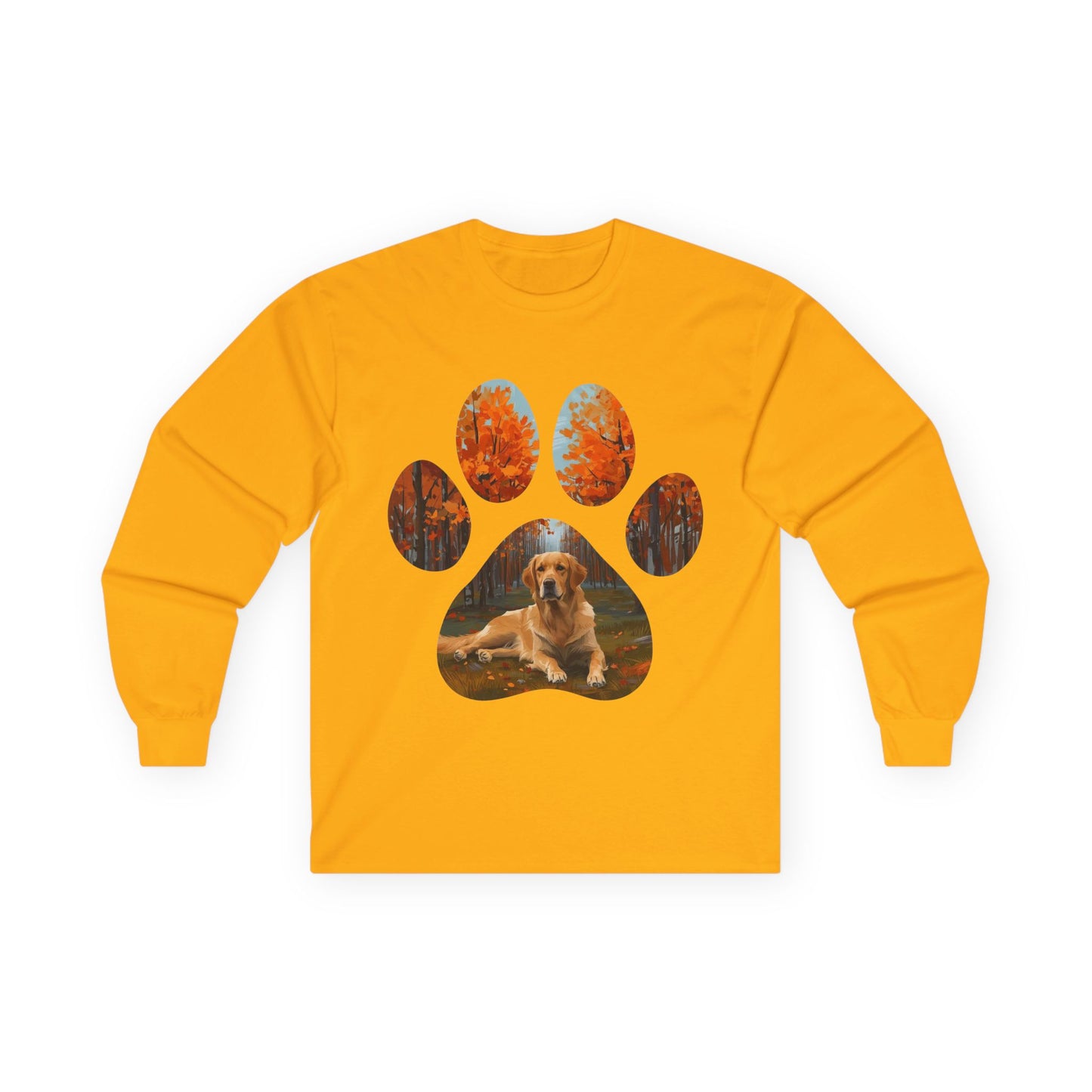 Long Sleeve Tee — Golden Retriever Paw Print Autumn Photo Design