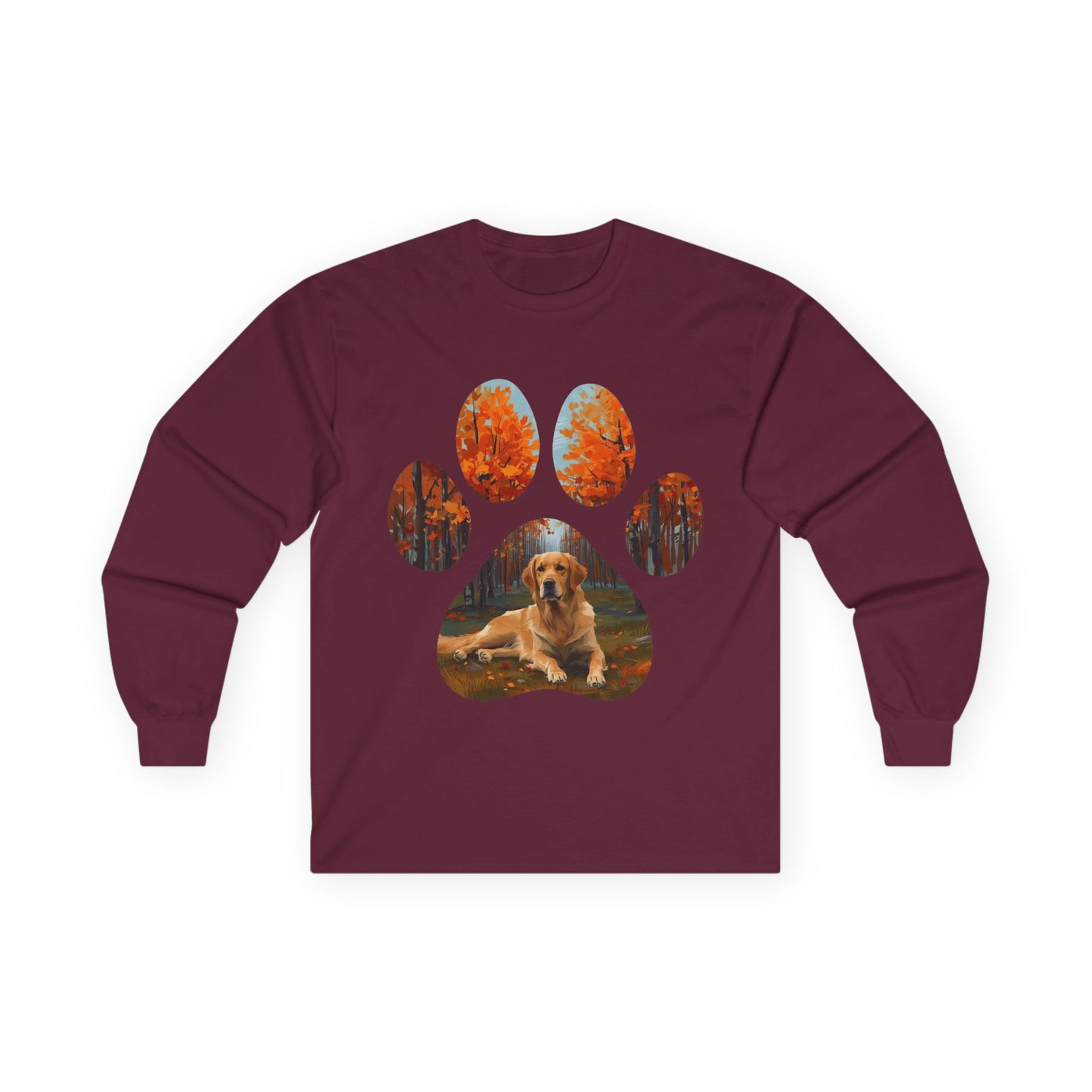 Long Sleeve Tee — Golden Retriever Paw Print Autumn Photo Design