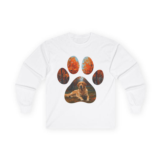 Long Sleeve Tee — Golden Retriever Paw Print Autumn Photo Design