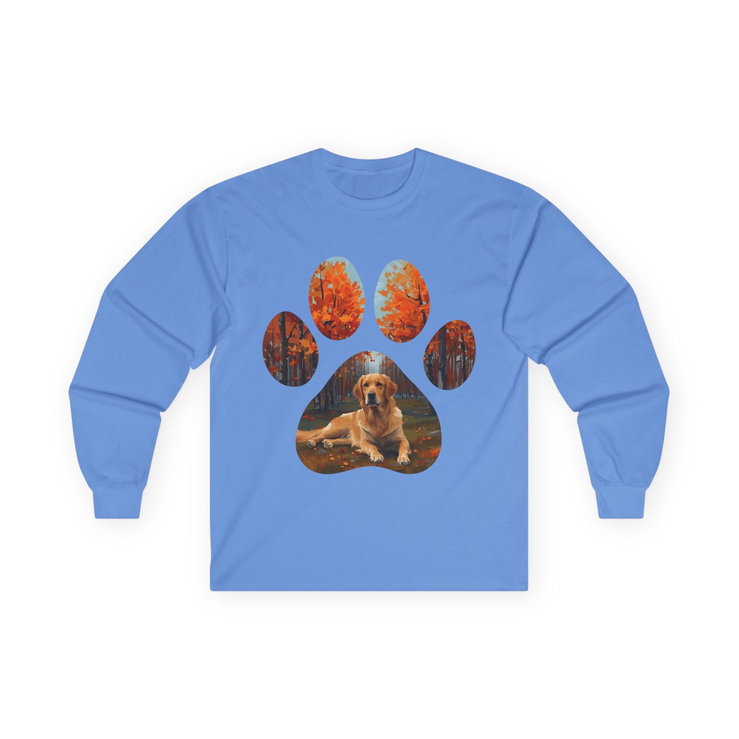 Long Sleeve Tee — Golden Retriever Paw Print Autumn Photo Design
