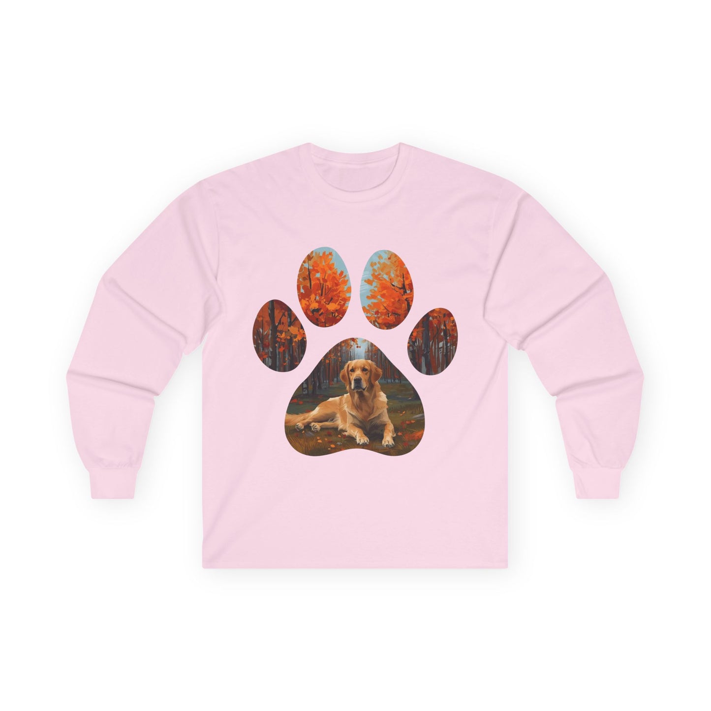Long Sleeve Tee — Golden Retriever Paw Print Autumn Photo Design
