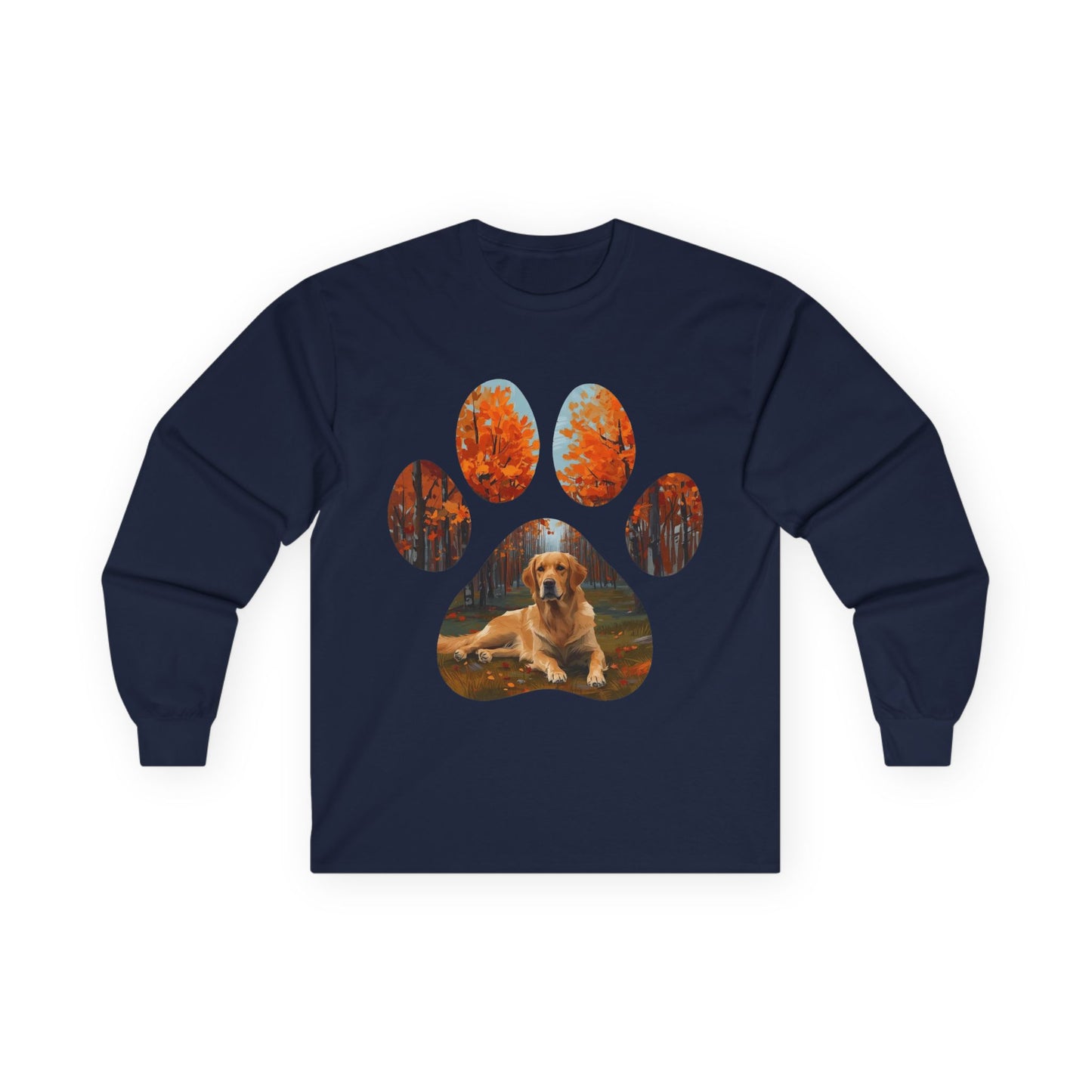 Long Sleeve Tee — Golden Retriever Paw Print Autumn Photo Design