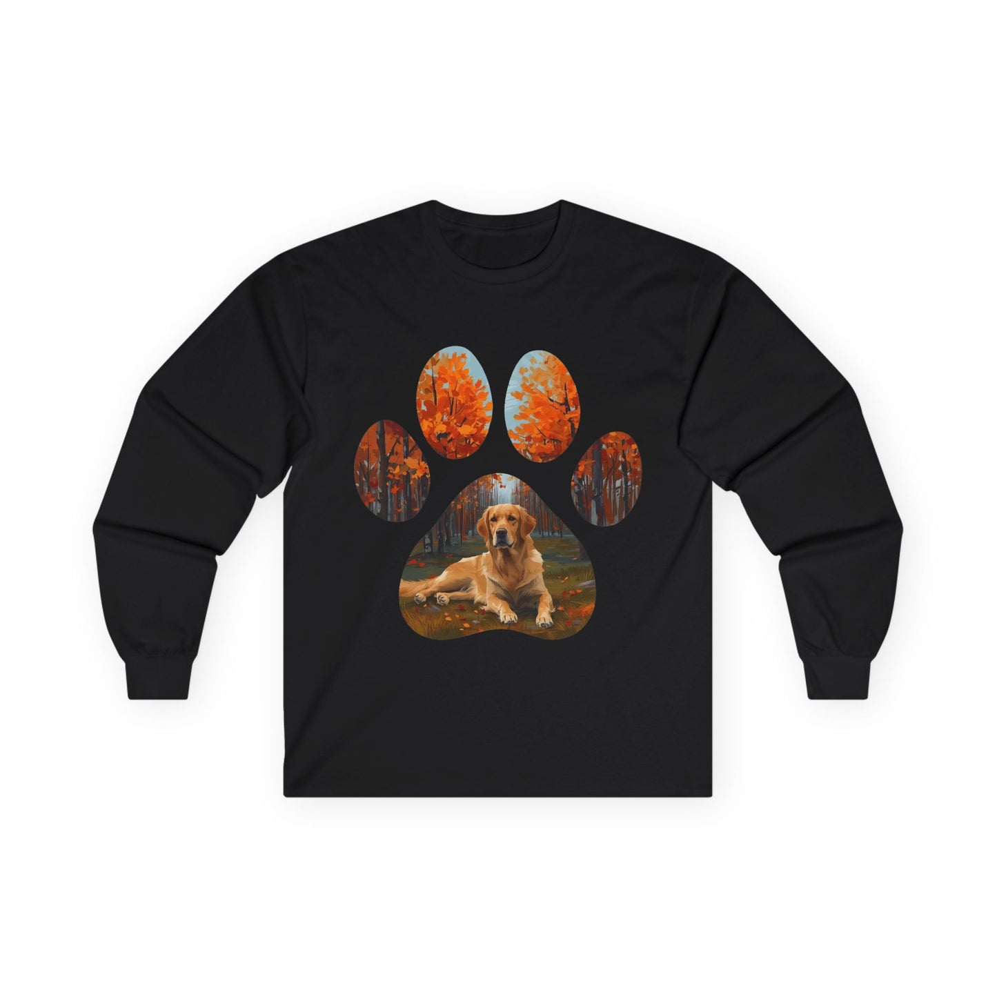 Long Sleeve Tee — Golden Retriever Paw Print Autumn Photo Design