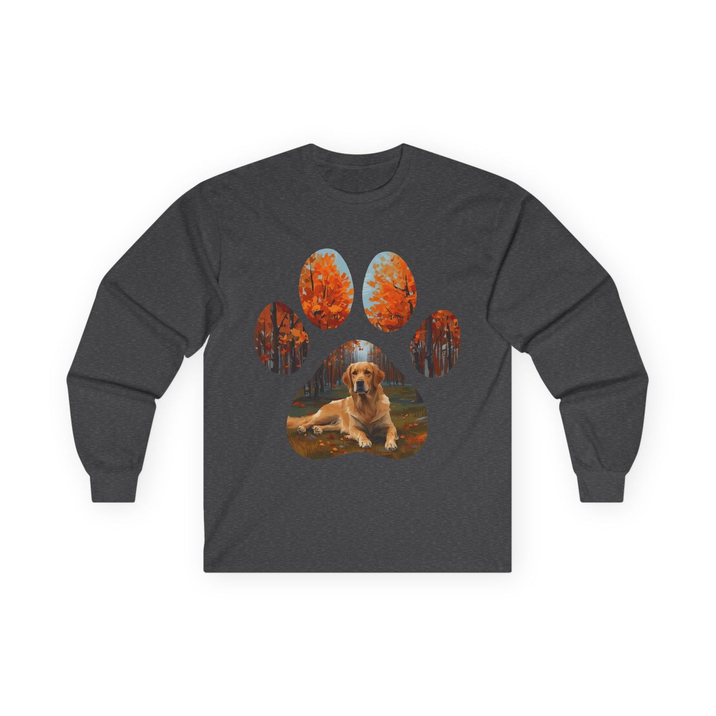 Long Sleeve Tee — Golden Retriever Paw Print Autumn Photo Design