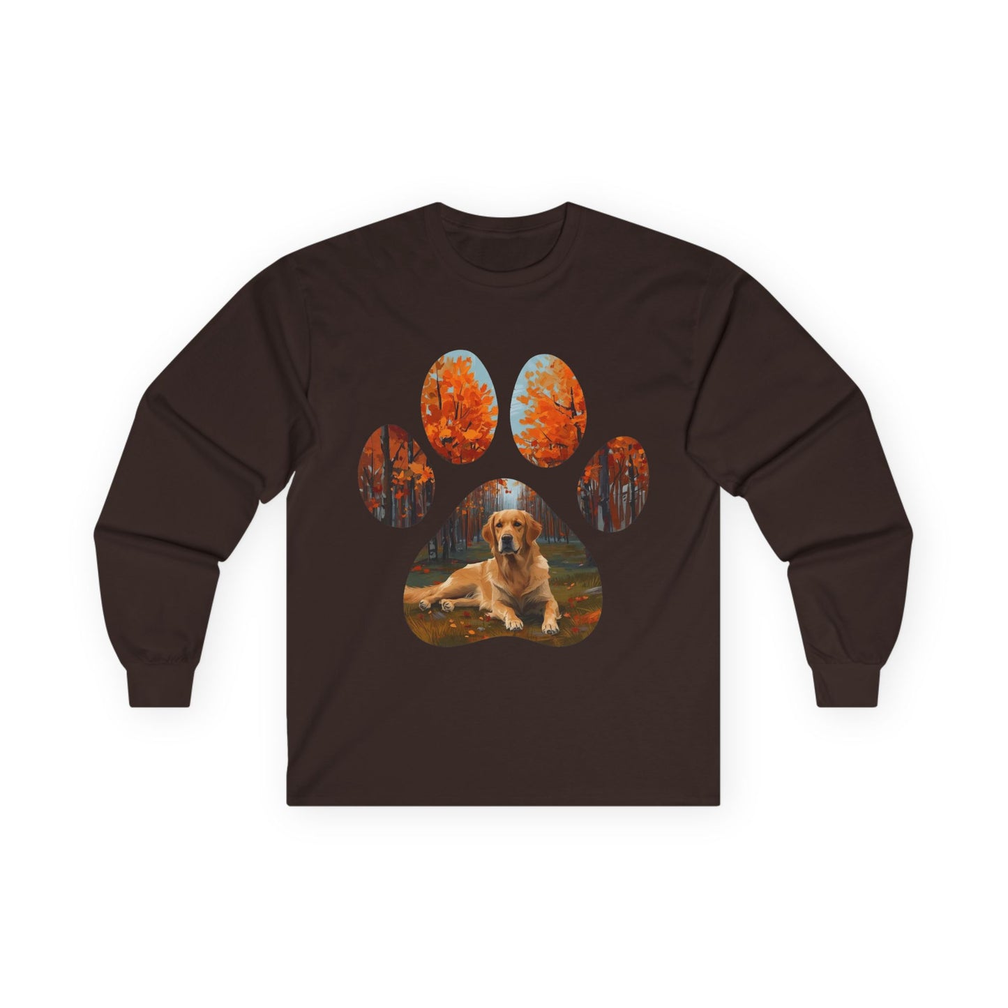 Long Sleeve Tee — Golden Retriever Paw Print Autumn Photo Design